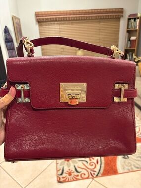 Michael Kors Wine Leather Top-Handle Satchel with Gold Hardware